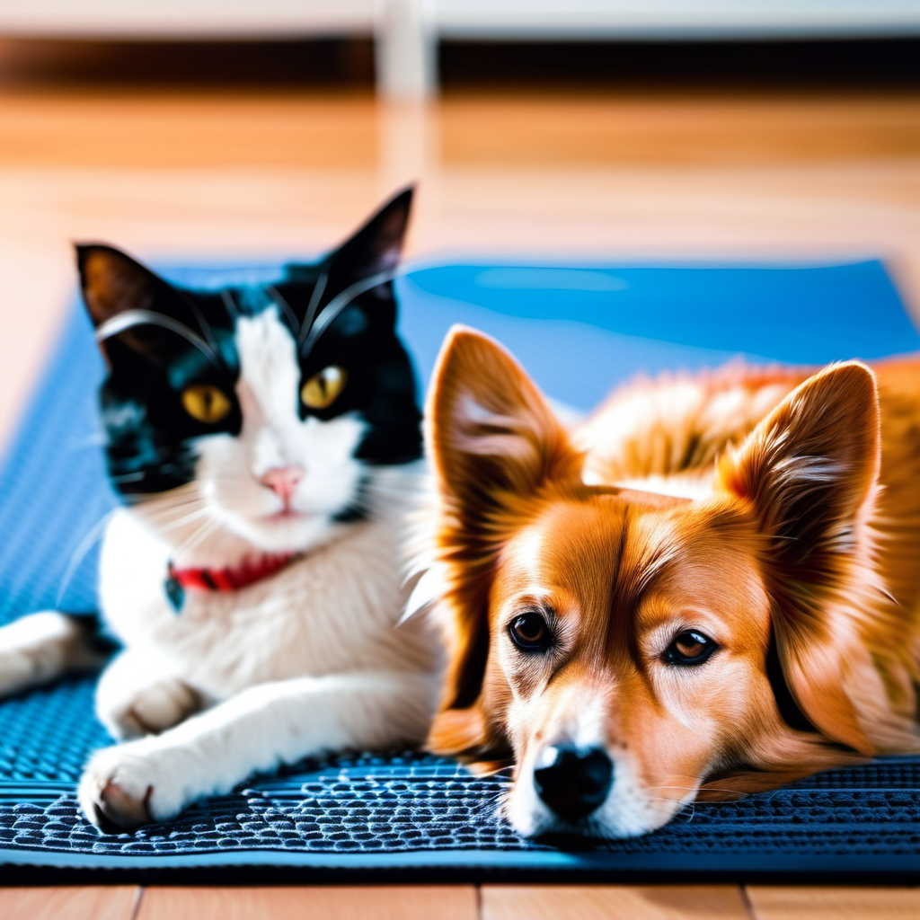zrelaksowany pies i kot leżące na macie chłodzącej